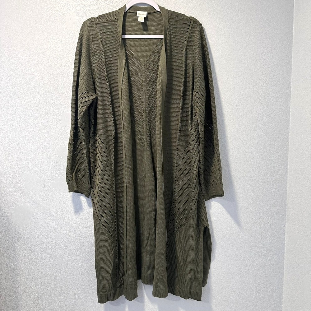 Chico's Size-3 Long Cardigan Duster‎ Sweater Open Front Olive Green Lightweight